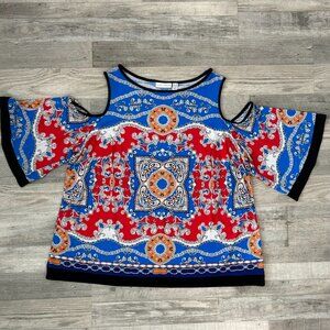 Susan Graver Blue Red Pattern Cold Shoulder Blouse Stretch S48
